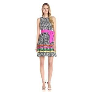 Eliza J Women's Navy & White Poly Print Colorful Striped Ribbons Pink Sash Sleev
